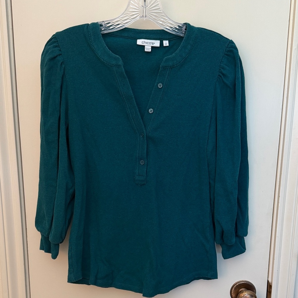 Chico's Teal Puff 3/4 Sleeve Henley